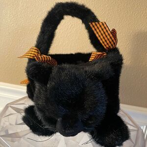 Bearington Collection Jinx Plush Black Cat Orange Bows Basket